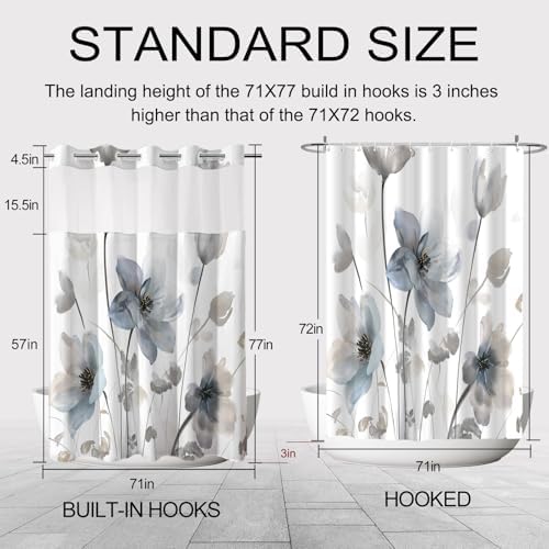 No Hook Shower Curtain and Liner Set, Blue Grey Boho Floral 71x77