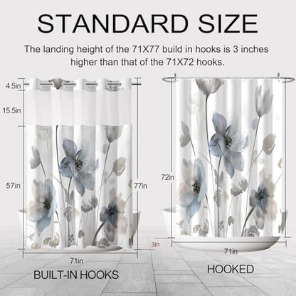 No Hook Shower Curtain and Liner Set, Blue Grey Boho Floral 71x77