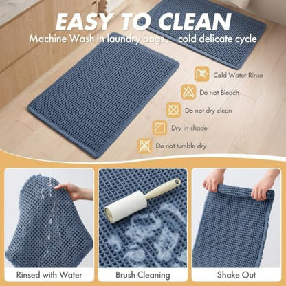 MIULEE Set of 2 Waffle Bathroom Rugs Boho Bath Mat Blue 17"x24"+17"x48"