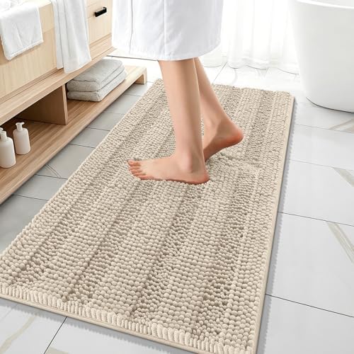 OLANLY Thick Bathroom Runner Rugs 47x20, Soft Chenille Long Bath Rugs, Sand