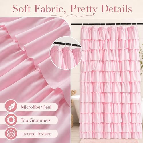 Pink Ruffle Shower Curtain for Master Bathroom, 72 x 84, Ruffled Layered