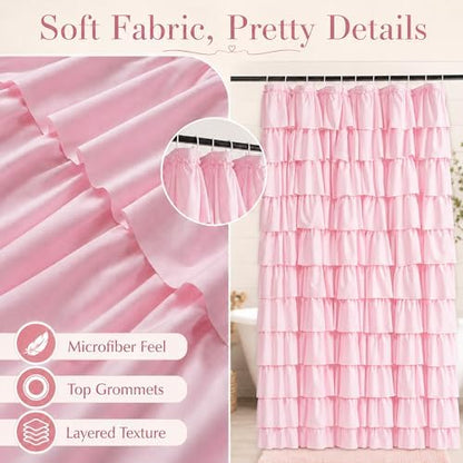 Pink Ruffle Shower Curtain for Master Bathroom, 72 x 84, Ruffled Layered