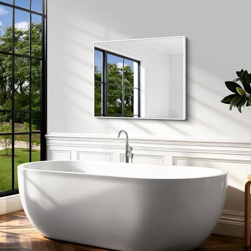 BONEWEI White Bathroom Mirror,30x36 inch Wall Mirror for Bathroom Wall Mounted,Rectangle Mirror for Bathroom Over Sink,Modern Metal Frame for Living Room,Bedroom Entryway,Horizontal/Vertical