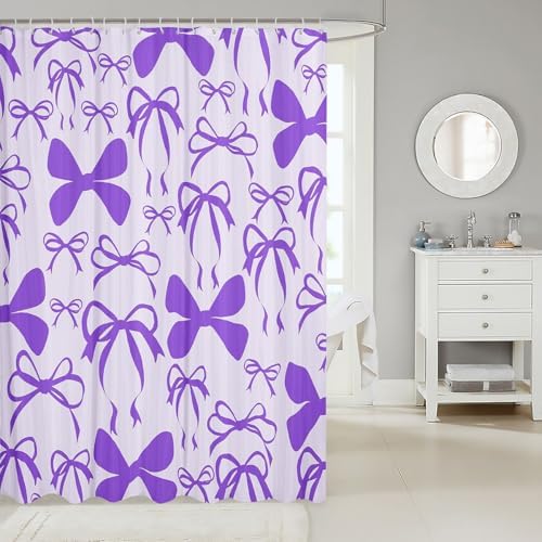 jejeloiu Cute Bowknot Shower Curtain for Bathroom Decor 72"x78" Purple Girls Bow Bath Curtain Kawaii Bathroom Accessories Waterproof Polyester Fabric with 12 Hooks for Stalls Bathtubs Princess Decor