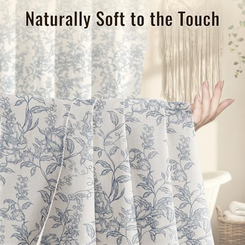 Farmhouse Blue Floral Shower Curtain with 12 Clear Rings 72"W x 84"L