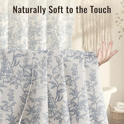 Farmhouse Blue Floral Shower Curtain with 12 Clear Rings 72"W x 84"L
