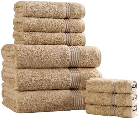 Superior Egyptian Cotton 9-Piece Towel Set, Assorted Towels for Home Bathroom, Guest Bath Decor Essentials, Includes 3 Bath, 3 Hand, 3 Face Towels/Washcloths, Quick Dry, Absorbent - Toast