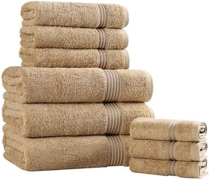 Superior Egyptian Cotton 9-Piece Towel Set, Assorted Towels for Home Bathroom, Guest Bath Decor Essentials, Includes 3 Bath, 3 Hand, 3 Face Towels/Washcloths, Quick Dry, Absorbent - Toast