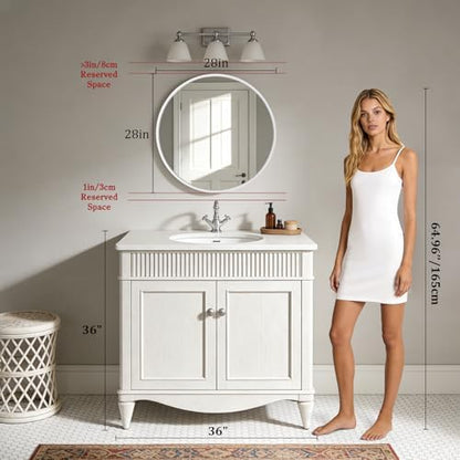 WallBeyond Round Wood Mirror 28 inch Circle Wall Mirror for Bathroom Round Wall Mirror for Wall Decor, Vanity, Entryway Living Room (White)