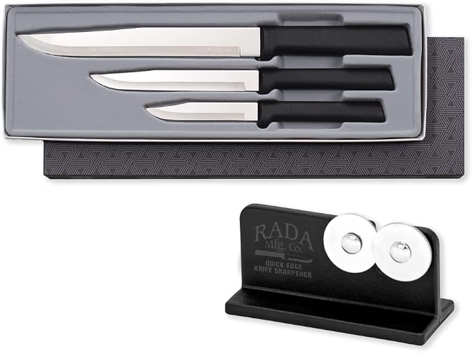 Rada Cutlery Housewarming Gift Set (G202) 3-Piece Knife Set with Quick Edge Sharpener (R119), Stainless Steel Blades, Black Handle