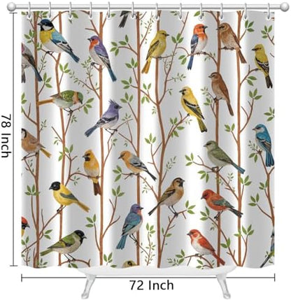 Moonslim Colorful Birds Shower Curtains, Woodland Green Leaves Trees Wildlife Vintage Spring Themed Shower Curtain Set, Fabric Bath Curtain for Bathroom Decor Waterproof Cloth with Hooks 72X78 Inch