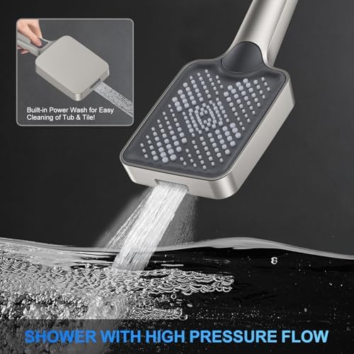 Woindo Shower Faucet Set, 10" Wall Mount Rainfall Shower System with 2 Rain Shower Head and Multi-function Handheld Head Push Button Diverter Shower Faucet Trim Kit