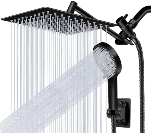 Shower Head,10”Rain Shower Head with Handheld Spray Combo with 11'' Angle Adjustable Extension Arm/Flow Regulator/Shower System,High Pressure Rainfall Shower Head Clean Bathroom,Matt Black