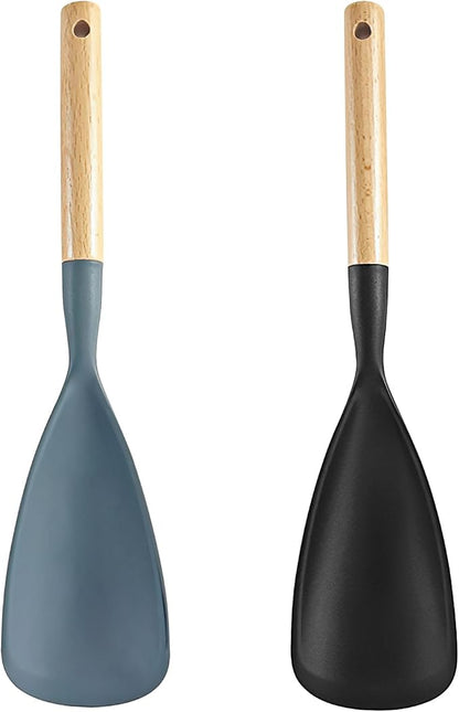 Silicone Spatula Spoon Wood Handle BPA-Free Nonstick Safe - Cooking Spoons, Cooking Spoon, Silicone Cooking Spoons, Spoon Spatula Mixing Scooping Scraping (Black & Grey) 12.6 Inch