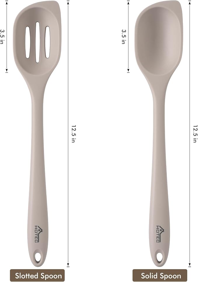 HOTEC Heat Resistant Silicone Cooking Spoon Spatula, Large Kitchen Solid and Slotted Spoons for Mixing, Serving, Scraping, Non-stick, Dishwasher Safe Khaki 12.5inch