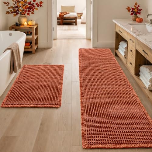 MIULEE Fall Orange Set of 2 Waffle Bathroom Rugs Bath Mat 17"x24"+17"x48"