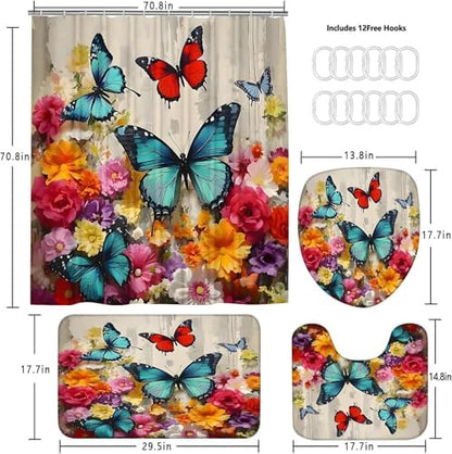Chrainy 4pcs Flower Butterflies Shower Cutain Set Bathroom Decor with Rugs