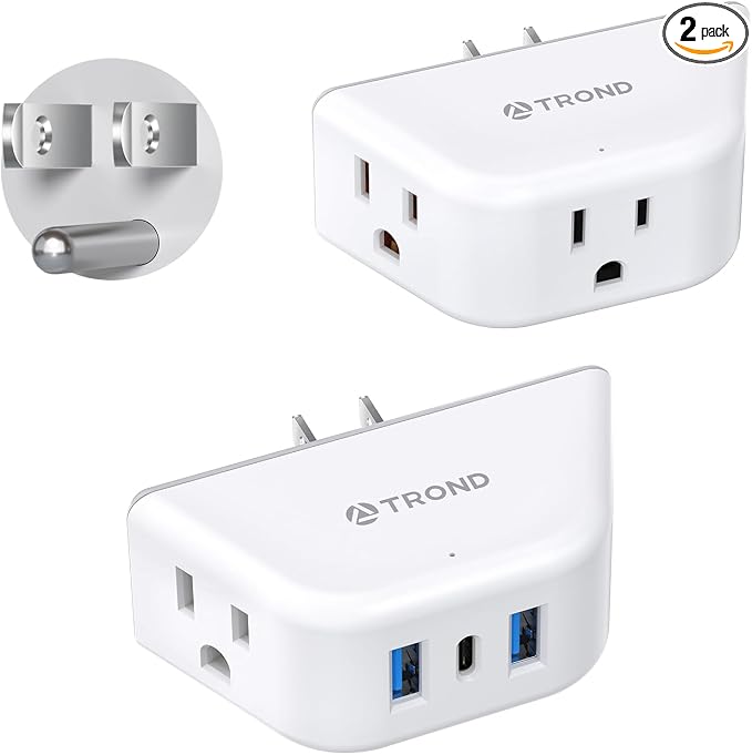 TROND Multi Plug Outlet Extender with USB - 2 Pack Wall Splitter, 3 Way Angled Outlet Adapter, Cruise Essentials, Small Multiple Expander for Cruise Ship Travel Home Office Dorm Room