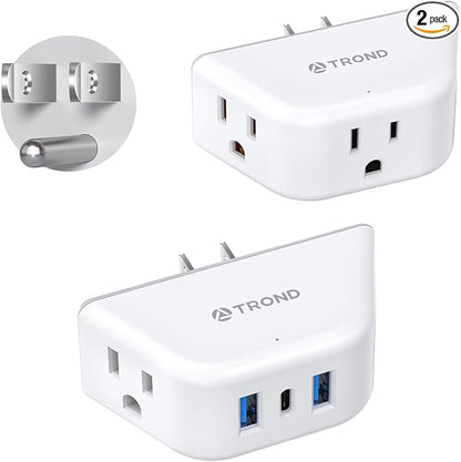 TROND Multi Plug Outlet Extender with USB - 2 Pack Wall Splitter, 3 Way Angled Outlet Adapter, Cruise Essentials, Small Multiple Expander for Cruise Ship Travel Home Office Dorm Room