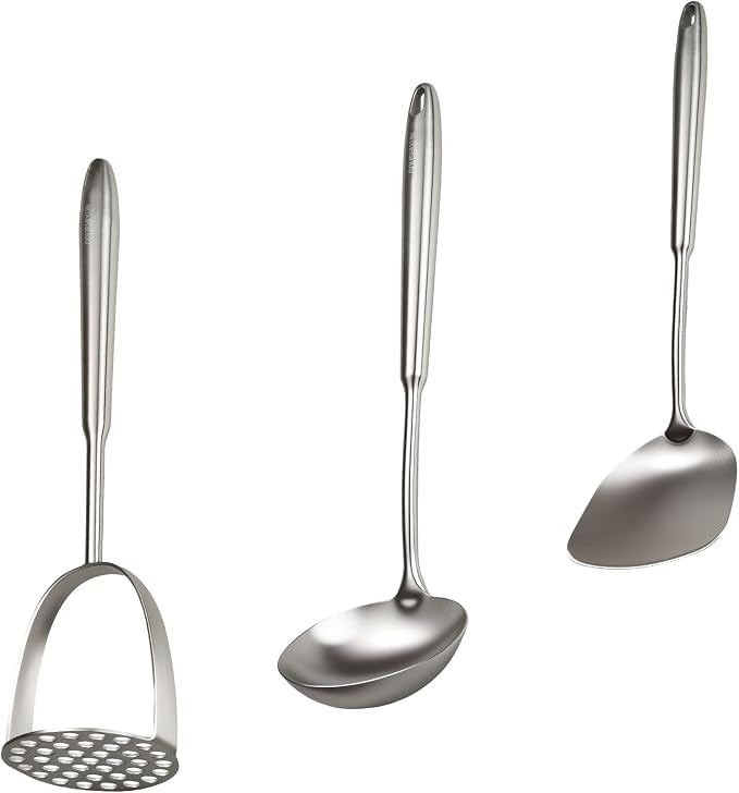 304 Professional Potato Masher, Stainless Steel Kitchen Utensils Set, 3 PCS Long Large Metal Cooking Utensil Tools Set, Mirror Polished Kitchen Gadget Kitchen Tool Set, Dishwasher Safe