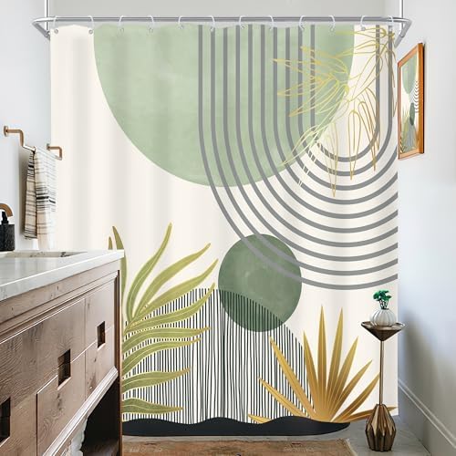 Mid Century Mint Green Boho Abstract Modern Bathroom Shower Curtain Set