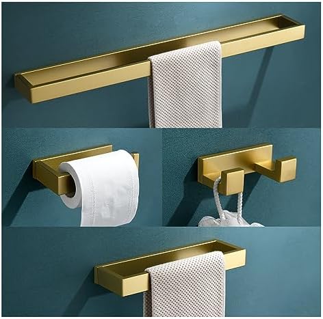 4-Piece Modern Gold Bathroom Hardware Accessories Set - Towel Bar & Holder, Stainless Steel, Wall Mounted, 23.6 Inch