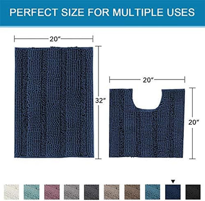 H.VERSAILTEX Bathroom Rugs Bath Rug Set 2 Piece Bathroom Contour Rug Toilet Mat Sets Non Slip Contour Bath Rug Ultra Thick Water Absorbent Striped Bath Mats Washable(20" x 32" Plus 20" x 20" U, Navy)