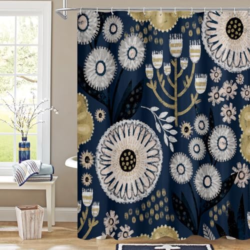 Boho Floral Shower Curtain, Dark Blue Botanical Fabric Curtain, 72 x 78