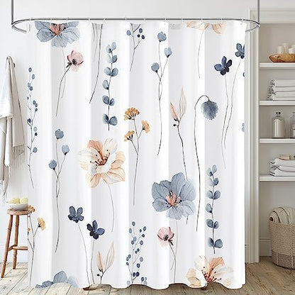 Gibelle Blue Beige Watercolor Floral Fabric Shower Curtain, 72x84