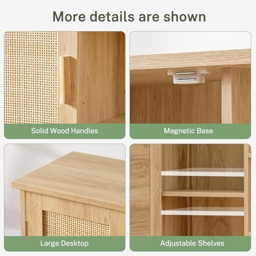 Iwell Rattan Storage Cabinet with 4 Adjustable Shelves, Coffee Bar Cabinet, Sideboard Buffet for Kitchen, Living Room, Entryway, Natural