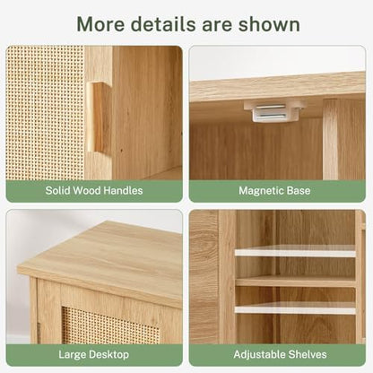 Iwell Rattan Storage Cabinet with 4 Adjustable Shelves, Coffee Bar Cabinet, Sideboard Buffet for Kitchen, Living Room, Entryway, Natural