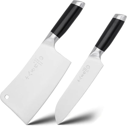 SHI BA ZI ZUO Meat Cleaver Set, 2 Pieces Professional Butcher Knife and Chef Knife Bone Chopper Perfect for Restaurants and Home Kitchen Use