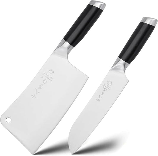 SHI BA ZI ZUO Meat Cleaver Set, 2 Pieces Professional Butcher Knife and Chef Knife Bone Chopper Perfect for Restaurants and Home Kitchen Use