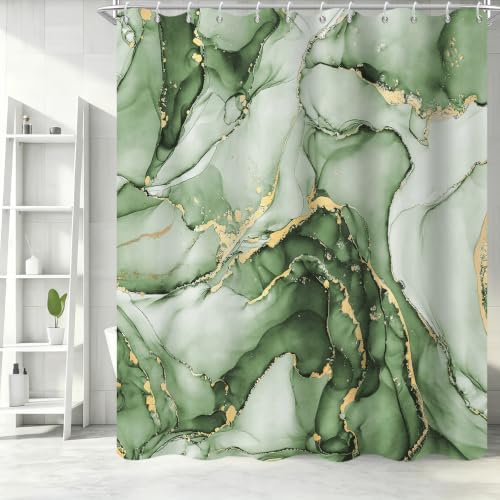 Olive Green Marble Shower Curtain Modern Abstract Luxury Gold Ink Texture Ombre Watercolor Bathroom Curtain Set with Hooks Soft and Lightweight Waterproof Fabric Machine Washable 60" Wx72 L