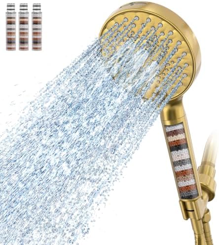 SR SUN RISE Filtered Shower Head with Handheld High Pressure 9 Spray Mode Showerhead Detachable Shower Head Water Softener Filters Beads for Hard Water Remove Chlorine 4 Filters Brushed Gold
