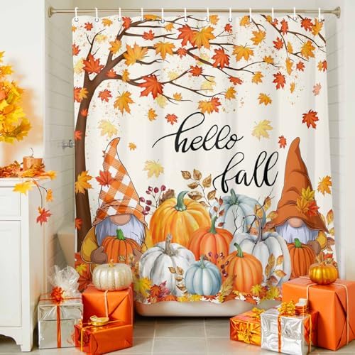 Shower Curtain Bathroom Set Autumn Gnome Orange Maple Tree Waterproof Shower Curtains with Grommets Hooks Thanksgiving Pumpkin Watercolor Privacy Bath Curtain for Bathtub Decor 72x72in