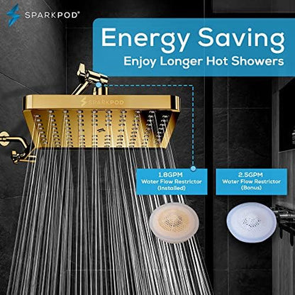 SparkPod Rain Shower Head, 8 Inch Square, Egyptian Gold Finish