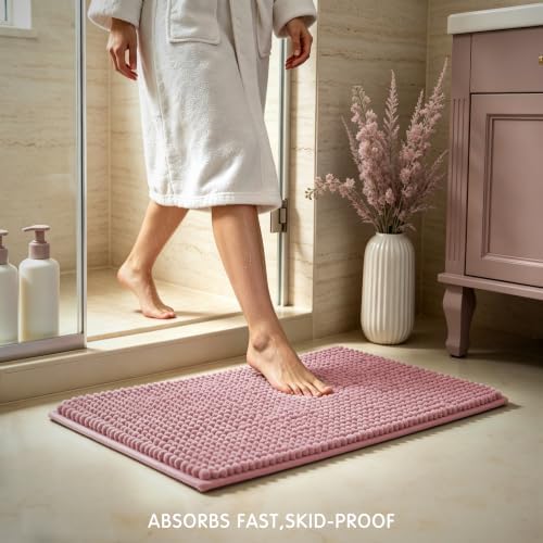 SUBRTEX Bathroom Rugs, 24" x 36" Chenille Bath Rug Soft Short Plush Bath Mat Soft Shower Mat Water Absorbent Shower Mat Quick Dry Machine Washable, Pink