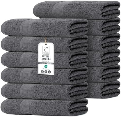 Commercial Bulk Pack of 12 Large Bath Towels – 100% Cotton Terry 24" x 50" – Ideal for Hotels, Salons, Gyms, Spas & Institutional Use – Charcoal Grey