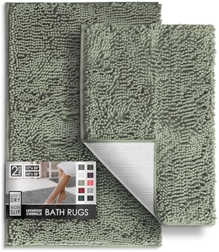 Hearth & Harbor Bathroom Rugs, Chenille Bath Mat - Machine Washable Bath Mats for Bathroom Non-Slip Backing Rubber, Quick Dry Bathroom Mat