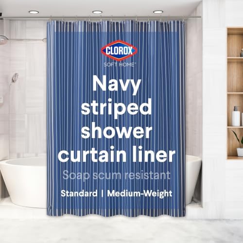 Clorox Shower Curtain Liner, Premium Striped Medium-Weight Durable Waterproof 6g PEVA for Bathroom with Weighted Magnets, Printed Standard Size 72" x 72", Navy
