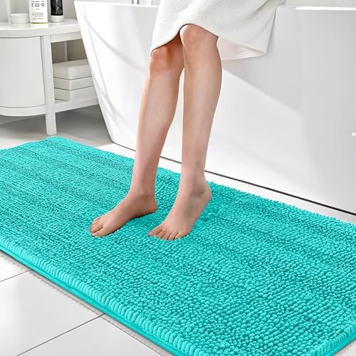 OLANLY Thick Bathroom Runner Rugs 70x24, Soft Chenille Long Bath Rugs, Teal