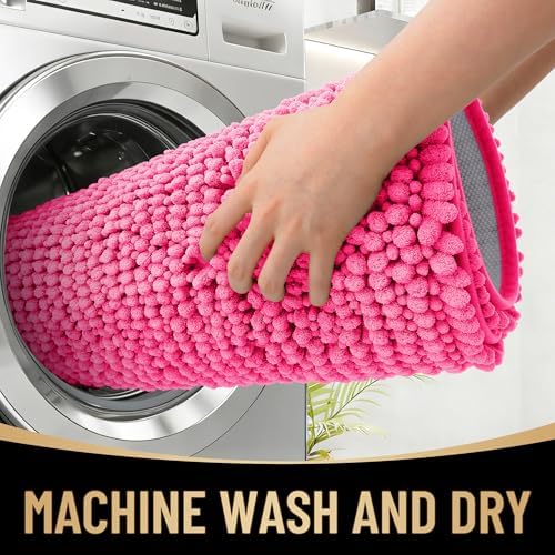 OLANLY Thick Chenille Absorbent Bathroom Rugs Mat 36x24, Hot Pink