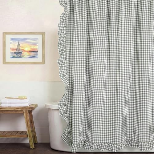 HunnmingRe Ruffled Gingham Shower Curtain Sage Green