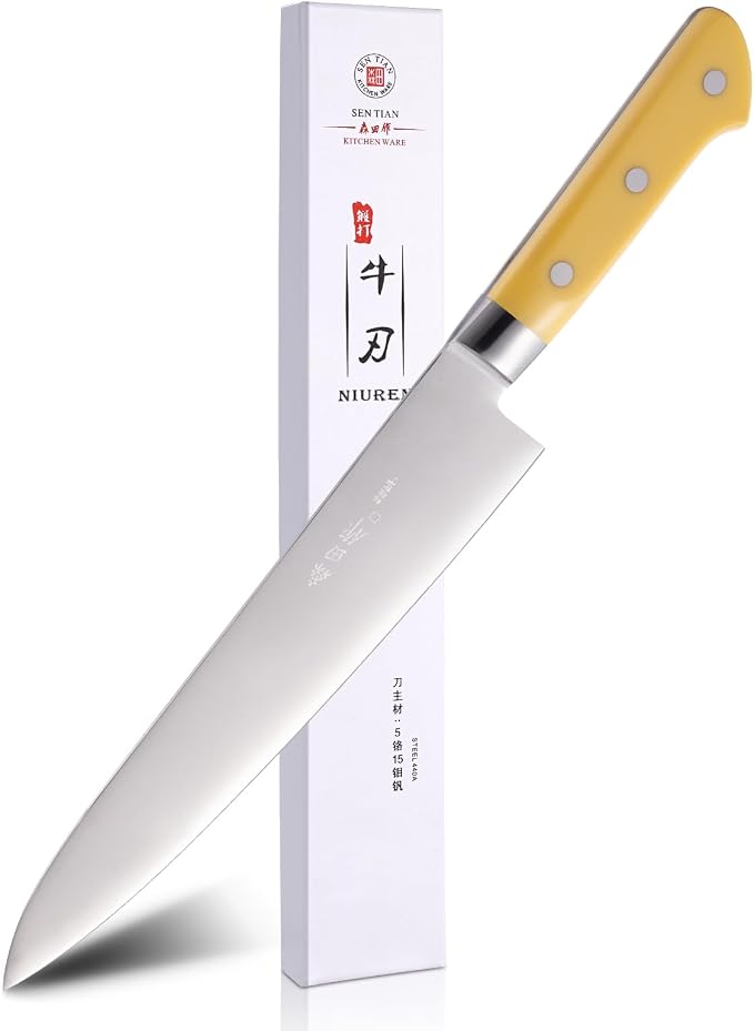 Japanese Chef Knife - 9.5 inch Professional Gyuto with Yellow Ergonomic Handle, High Carbon Stainless Steel Blade, Ideal for Sushi and Household Use
