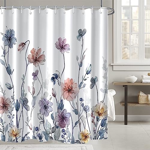 Flower Shower Curtain, Wildflower Shower Curtain Floral with Hooks, 72x72"