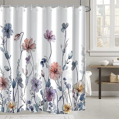 Flower Shower Curtain, Wildflower Shower Curtain Floral with Hooks, 72x72"