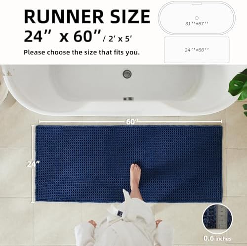 TYUU Waffle Runner Rug Bathroom, Long Boho Bath Mat, 60x24 Navy Blue