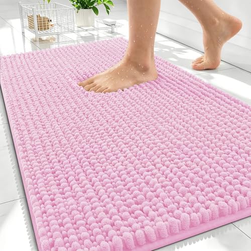 OLANLY Thick Chenille Bathroom Rugs 30x20, Soft Absorbent Bath Mat, Pink