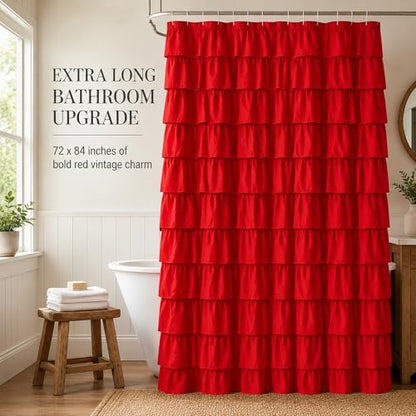 Red Ruffle Shower Curtain for Bathroom, 72x84, Christmas Bathroom Decor
